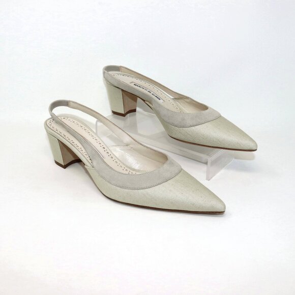 Manolo Blahnik 38 Golpeso Natural Linen & Suede Slingback Kitten Heel Mules - Picture 1 of 12